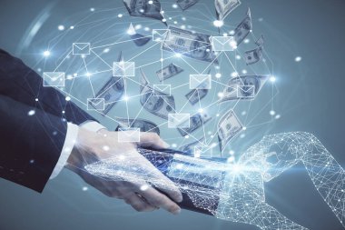 Çok sayıda zarfa maruz kalmış hologram, Amerikan doları banknotları ve insan eli. Teknoloji konsepti.