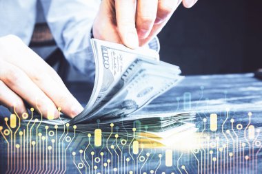 Teknolojinin iki katına çıkması hologram, dolar banknotları ve insan eli. Veri kavramı