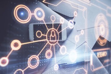 Sosyal ağ temalı çizimlerin telefon üzerinden çifte pozlandırılması. Üst Manzara. Kavram bağlayan insanlar.