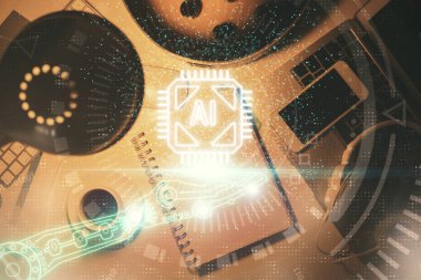 Çalışma masası üzerinde çoklu teknoloji temalı çizim. Üst Manzara. Küresel veri analiz kavramı.