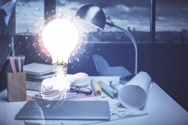 Ampul ve ofis içi arka planının iki katı. Fikir kavramı.