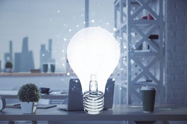 Ampul ve ofis içi arka planının iki katı. Fikir kavramı.