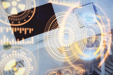 Teknoloji temalı çizimlere ve ofis içi arka planına çifte maruz kalma. Teknoloji konsepti.