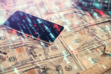 İki kez veri temasına maruz kalınca dolar banknotları arka planda kalıyor. Teknoloji konsepti.