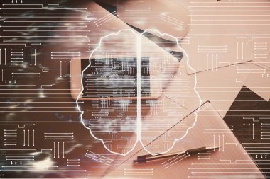 Çalışma masasının üstünde beyin çizimine iki kez maruz kalma. Üst Manzara. Küresel veri analiz kavramı.