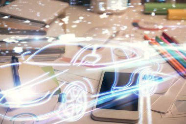 Cep telefonunun arka planında otomobil temalı çizimin iki kez görüntülenmesi. Teknoloji kavramı