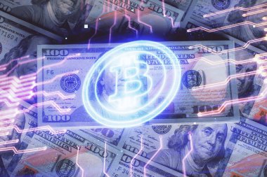 Şifreli temanın çoklu pozu bize dolar banknotları arkaplanı çiziyor. Engelleme zinciri başarısı kavramı.
