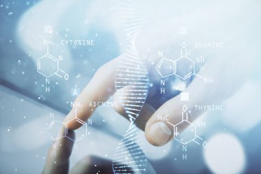 Bir adamın elini tutarken ve bir telefon ve DNA çizimi kullanırken iki kez görüntülenmiş. Tıp eğitimi kavramı.