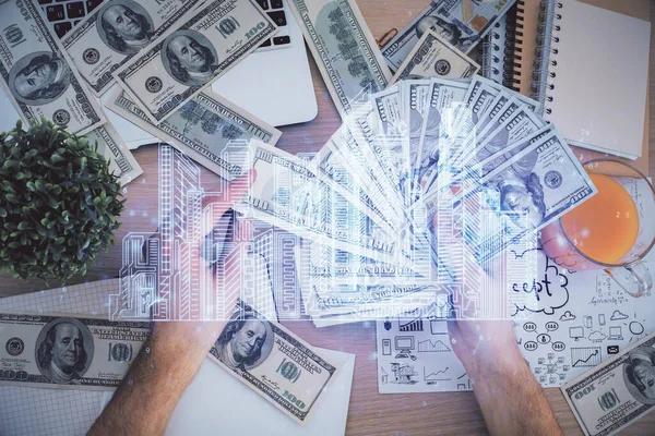 Мультиэкспозиция Зданий Рисующих Голограмму Долларовые Купюры Сша Человеческие Руки — стоковое фото