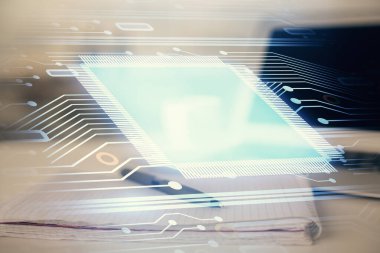 Veri temalı çizimlerin çoklu pozlanması ve açık defter arkaplanı olan masa. Eğitim kavramı