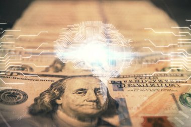 Beynimizin dolar banknotlarının arka planına iki kez çekilmesi. Teknoloji konsepti.