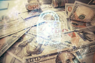 Arka planda dolarları çekerken kilide iki kez maruz kalıyoruz. Güvenlik konsepti.