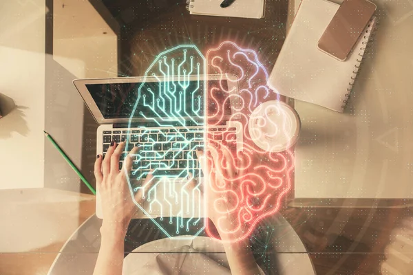 Double Exposure Woman Working Computer Andhuman Brain Hologram Drawing Top — Stock Photo, Image