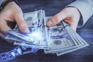 Yaratıcı çizimlere, Amerikan dolarlarına ve insan ellerine çoklu pozlama. Başlangıç konsepti