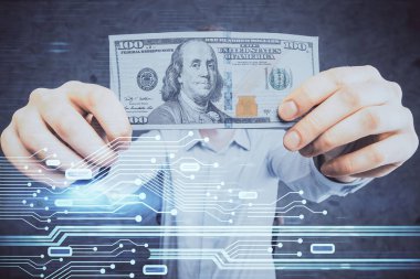 Teknolojinin iki katına çıkması hologram, dolar banknotları ve insan eli. Veri kavramı