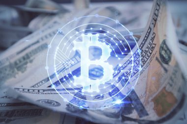 Şifreli temanın çoklu pozu bize dolar banknotları arkaplanı çiziyor. Engelleme zinciri başarısı kavramı.