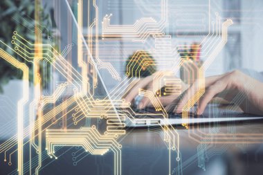 Bilgisayar ve teknoloji temalı çizimlerde kadın elinin çifte pozlanması. Yüksek Teknoloji kavramı.