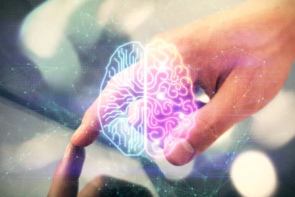 Double Exposure Man Hand Holding Using Digital Device Brain Hologram — Stock Photo, Image