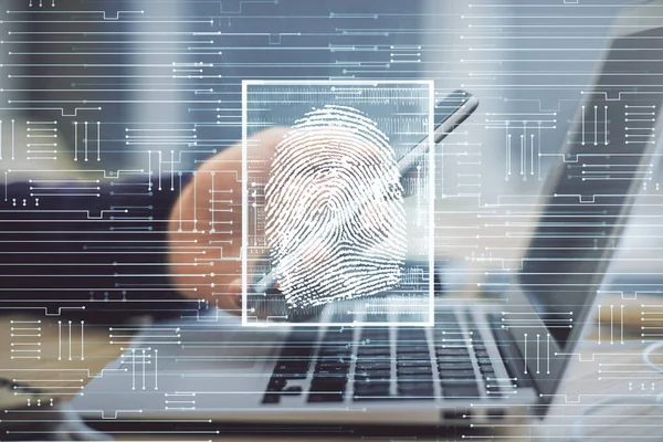 Dubbel Exponering Människans Händer Med Hjälp Digital Anordning Och Fingeravtrycksritning — Stockfoto