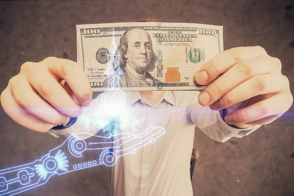 Wielokrotne Narażenie Twórczego Hologramu Rysunku Dolarów Usa Rachunki Ręce Człowieka — Zdjęcie stockowe