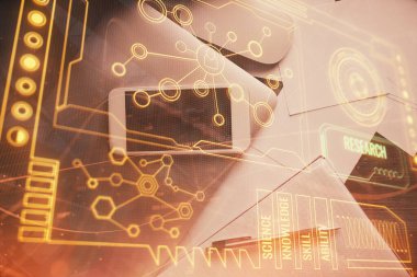 Çalışma masasının üzerine teknoloji teması çizimi çifte pozlama. Üst Manzara. Küresel veri analiz kavramı.