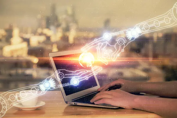 Mehrfachbelichtung Von Frauenhänden Die Computer Und Datenthematik Hologrammzeichnung Arbeiten Tech — Stockfoto