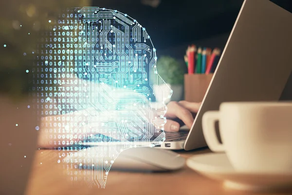 Double Exposure Woman Hands Working Computer Brain Hologram Drawing Concept — Stock Photo, Image