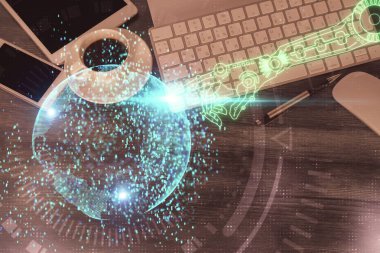 Çalışma masasının üzerine teknoloji teması çizimi çifte pozlama. Üst Manzara. Küresel veri analiz kavramı.