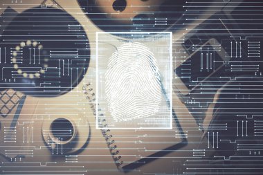 Parmak izi çizimi ve çalışma masasının üst kısmında çift pozlama. Güvenlik kavramı.