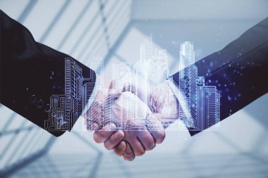 Şehrin iki kez görüntülenmesi hologramı ve iki adamın el sıkışması. İnşaat yönetimi.