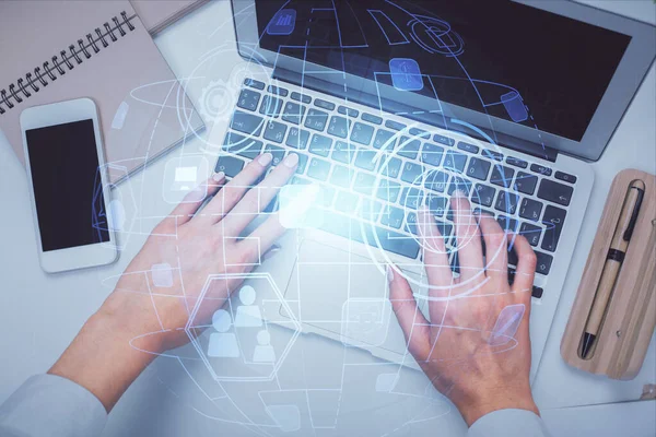 Double Exposure Woman Hands Working Computer Social Network Theme Hologram — Stock Photo, Image