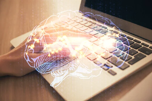 Mehrfachbelichtung Von Frauenhänden Die Computer Und Gehirn Hologrammzeichnungen Arbeiten Konzept — Stockfoto