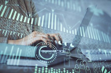 Bilgisayar ve teknoloji temalı çizimlerde kadın elinin çifte pozlanması. Yüksek Teknoloji kavramı.