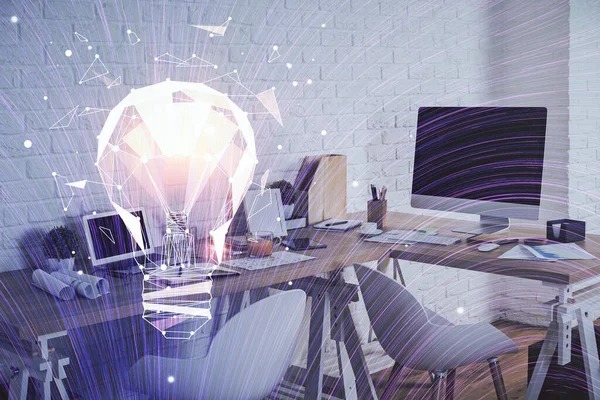 Doppelbelichtung Von Glühbirne Und Büroinnenhintergrund Konzept Der Idee — Stockfoto