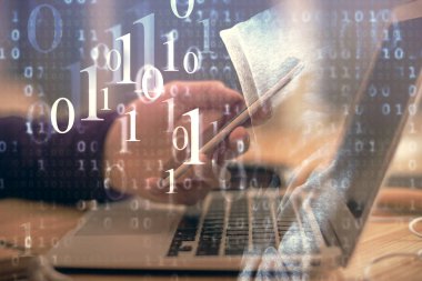 Dijital bir cihaz ve veri temalı çizim kullanan bir adamın el ele tutuşması. Yenilik kavramı.