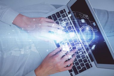 Bilgisayar ve sosyal ağ temalı hologram çizimlerinde çalışan kadın elleri çift pozlama. Üst Manzara. İnsanlar bağlantı konsepti.