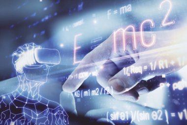 Bir adamın elini tutarken ve telefon ve formüller çizerken iki kez görüntülenmiş. Eğitim kavramı.