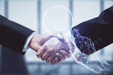 İki adamın el sıkışması ve hologram çiziminin yaratıcılığına çoklu maruz kalma. Başlangıç konsepti
