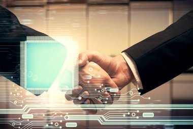 İki kişinin veri temalı hologramı ve el sıkışması. Bilişim endüstrisi konseptinde ortaklık.