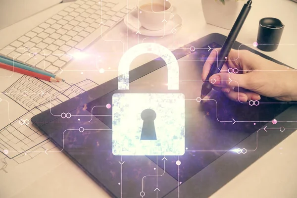 Double exposure of lock sketch hologram and woman holding and using a mobile device. Security iT concept