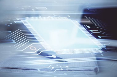 Veri temalı çizimlerin çoklu pozlanması ve açık defter arkaplanı olan masa. Eğitim kavramı