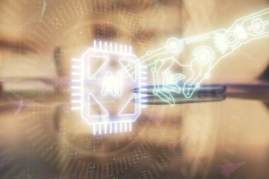 Ofiste kahve fincanı üzerinden Ai veri temasının çifte pozlandırılması.