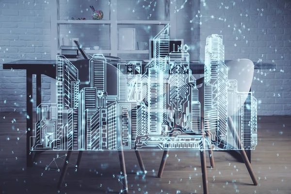 Multi exposure of town drawings and office interior background. Smart city concept.