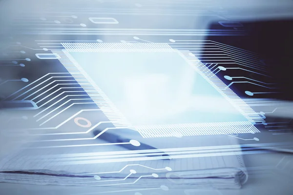 Veri temalı çizimlerin çoklu pozlanması ve açık defter arkaplanı olan masa. Eğitim kavramı