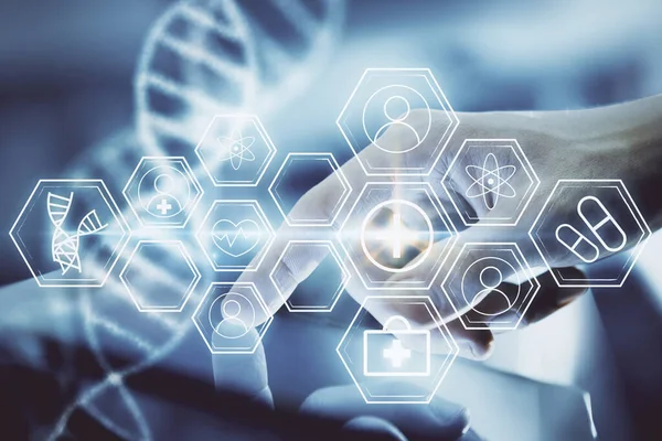 Bir adamın elini tutarken ve bir telefon ve DNA çizimi kullanırken iki kez görüntülenmiş. Tıp eğitimi kavramı.