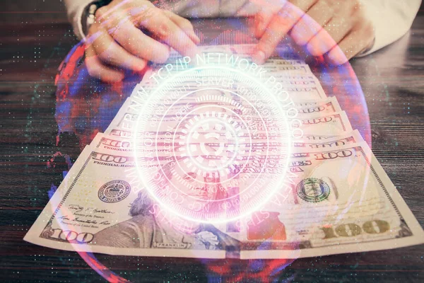 Multi Exposure Tech Drawing Hologram Usa Dollars Bills Man Hands — Stock Photo, Image