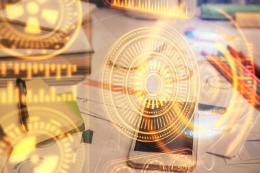 Cep telefonunun arka planında iki kat teknik temalı skeç var. Teknoloji kavramı