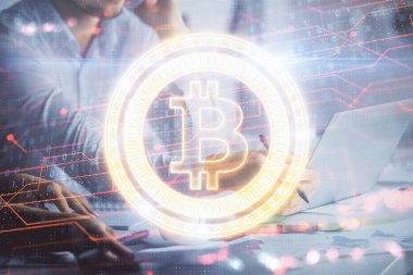 Kadın ve erkeğin birlikte çalıştığı ve şifreli temalı hologramı finanse ettiği çifte pozlama. Zincir işi konsepti. Bilgisayar arkaplanı.