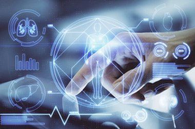 Bir adamın elini tutarken ve telefon ve eğitim teması kullanırken çift pozlama.