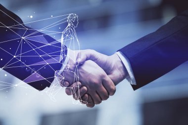 İki adamın el sıkışması ve hologram çiziminin yaratıcılığına çoklu maruz kalma. Başlangıç konsepti